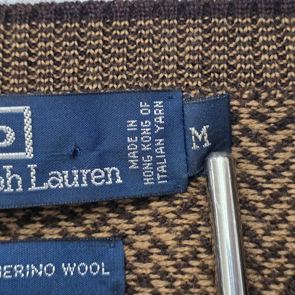 Polo Ralph Lauren Mens Brown Herringbone V-Neck 100% Merino Wool Sweater Size M - Picture 5 of 12
